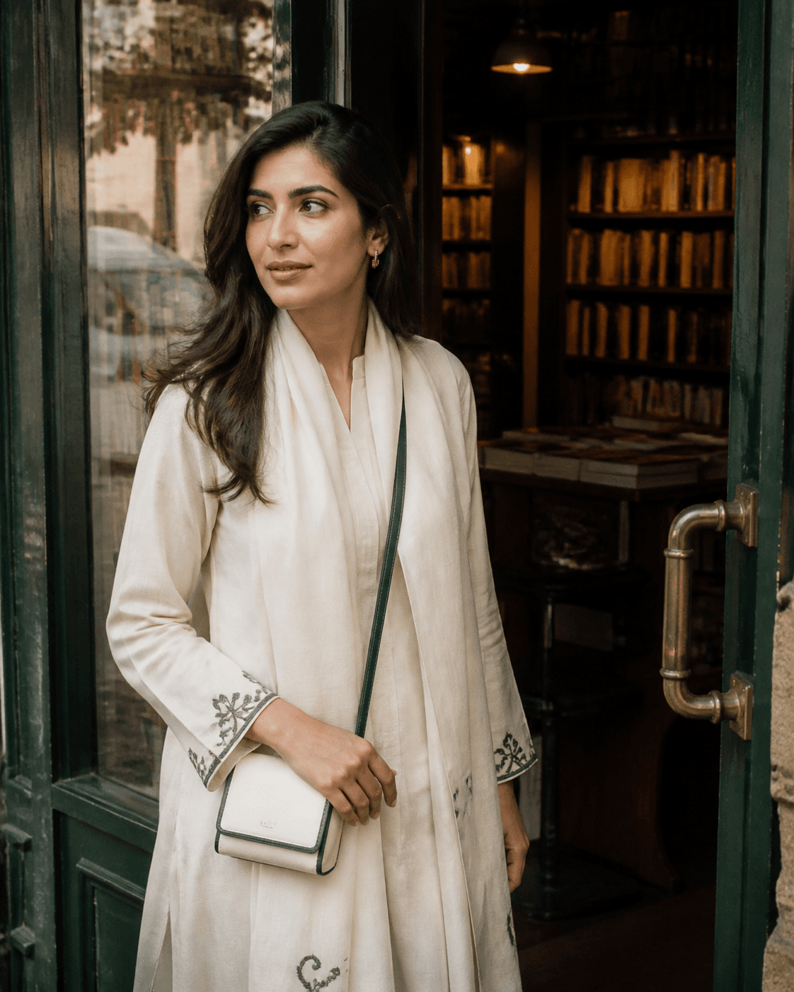 Woman wearing the Pli Mini outside a bookshop