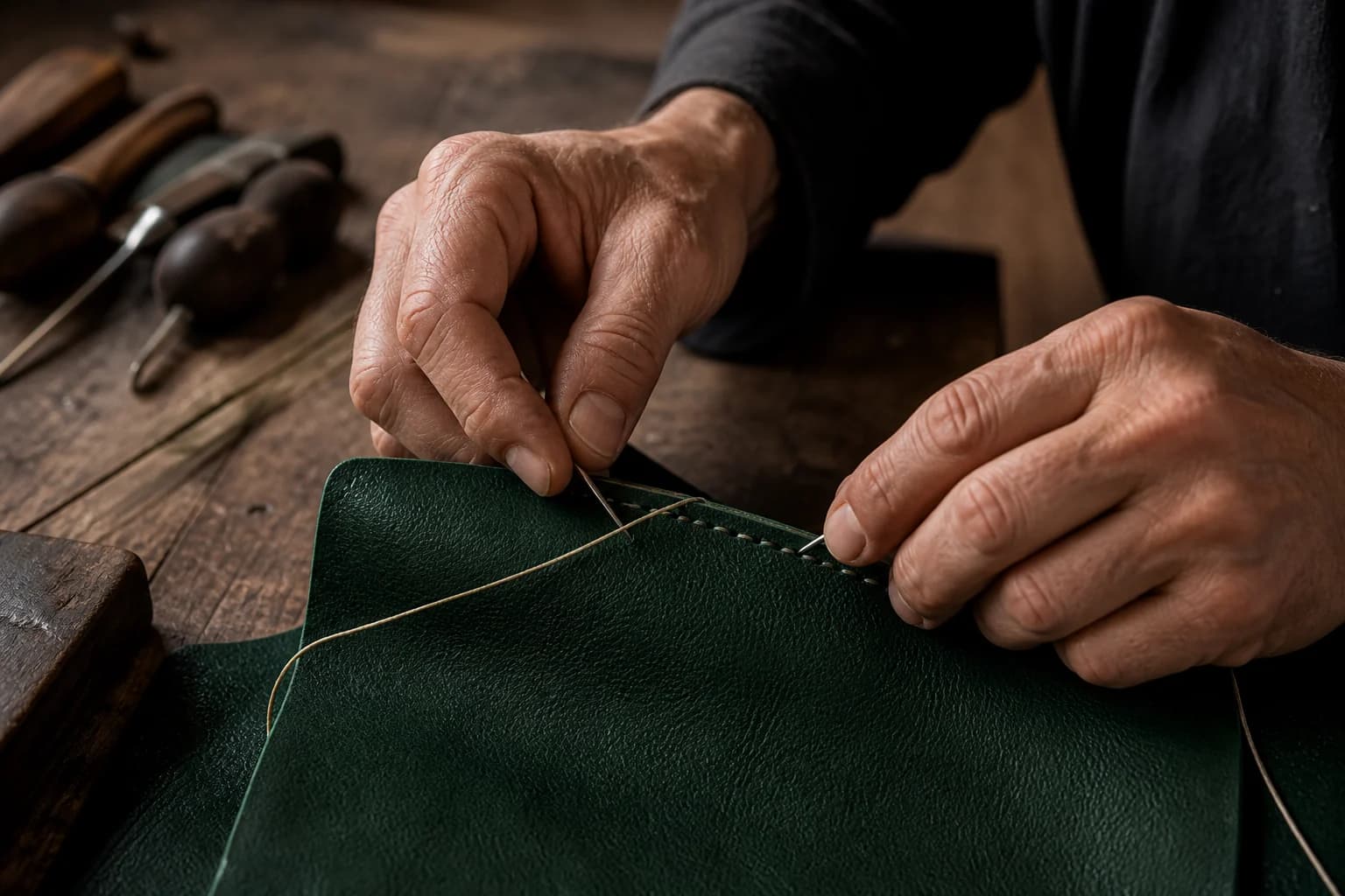 Artisan saddle-stitching emerald full-grain leather by hand