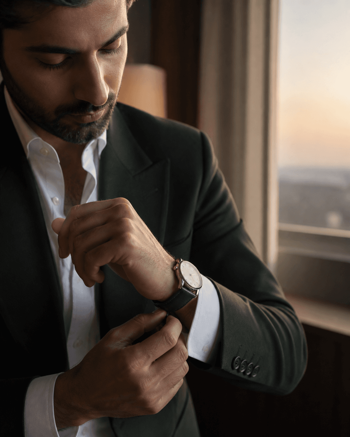 Man fastening a Veyra Meridian watch in morning light
