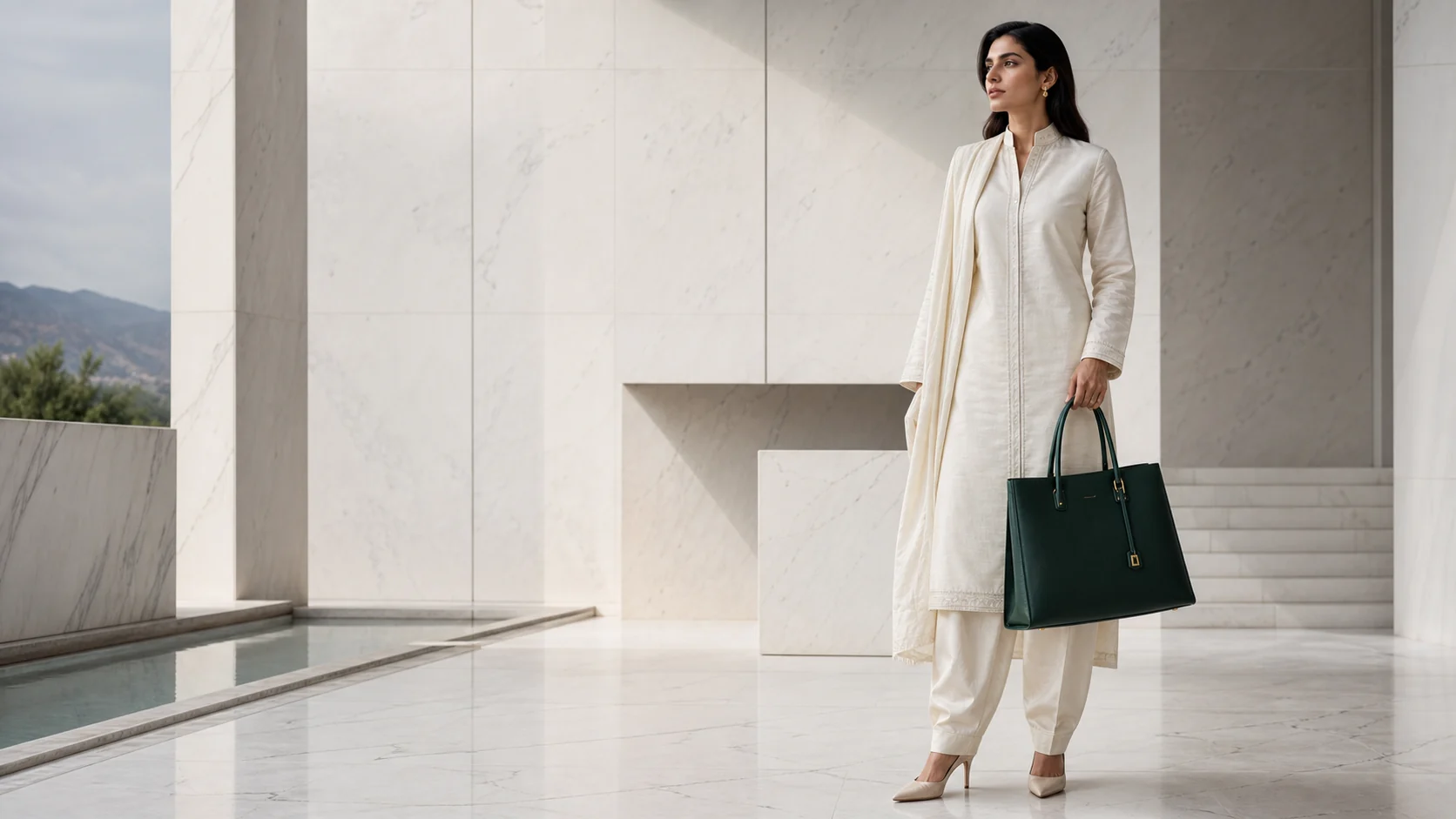 Pakistani woman in an ivory raw-silk suit carrying an emerald leather tote in a marble courtyard