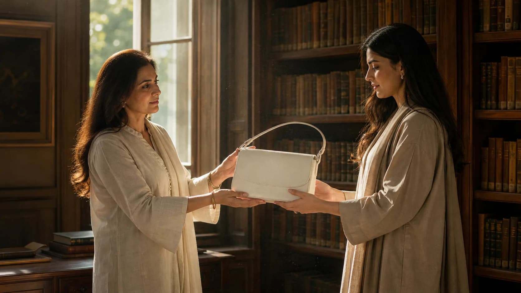 A mother passing a chalk leather shoulder bag to her daughter in a sunlit library